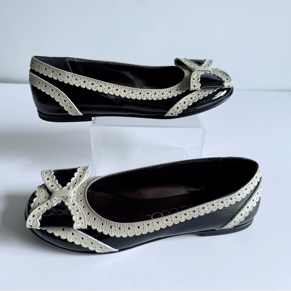 Simonetta Girls Two-Tone Black Cream Patent Leather Bow Flats US 3.5 Made Italy